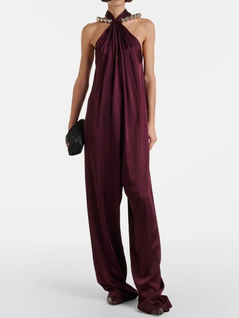 Stella McCartney Deep Burgundy Halter-Neck Wide Leg Satin Jumpsuit Size 42 IT